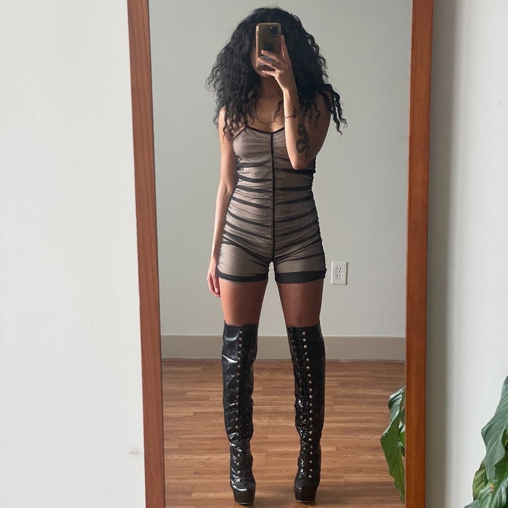 Size M spandex bodysuit with mesh overlay